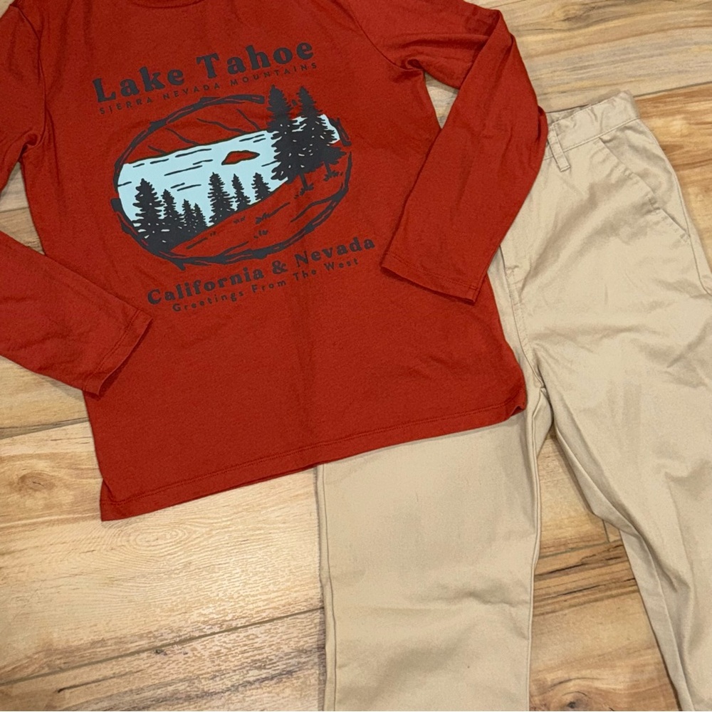 Old Navy Kids Red Tan Matching Fall Set Boys Size 14 Lake Tahoe Khaki Pants